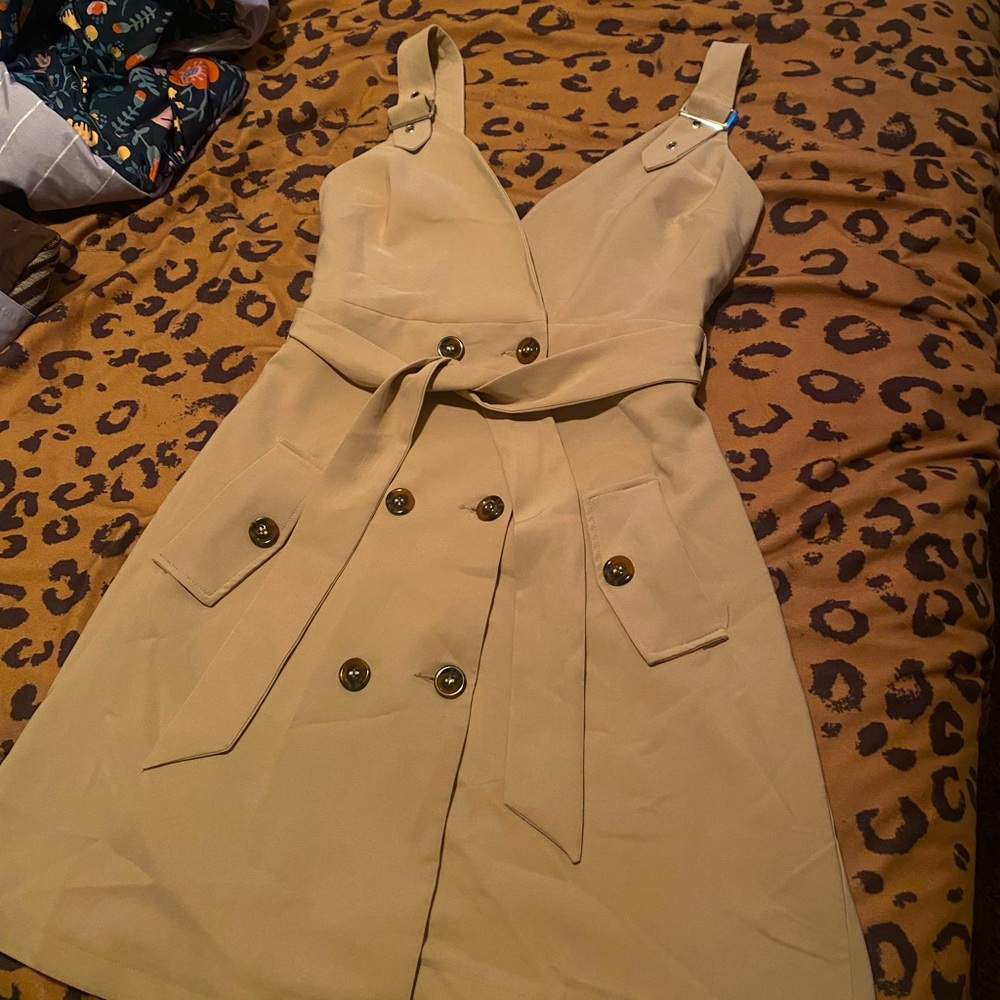 Above Knee Length Tan dress with brown buttons and silver bucked straps